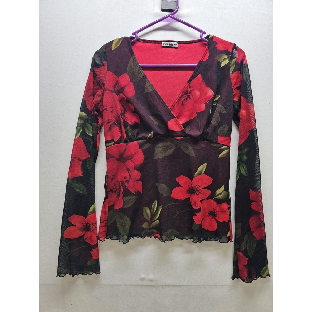 Vtg Y2K Evolution Not Revolution Floral Mesh Baby Doll Top Romantic Whimsigoth